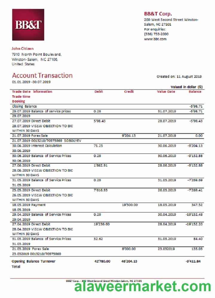 USA BB&T Corp. bank statement easy to fill template in .xls and .pdf file format